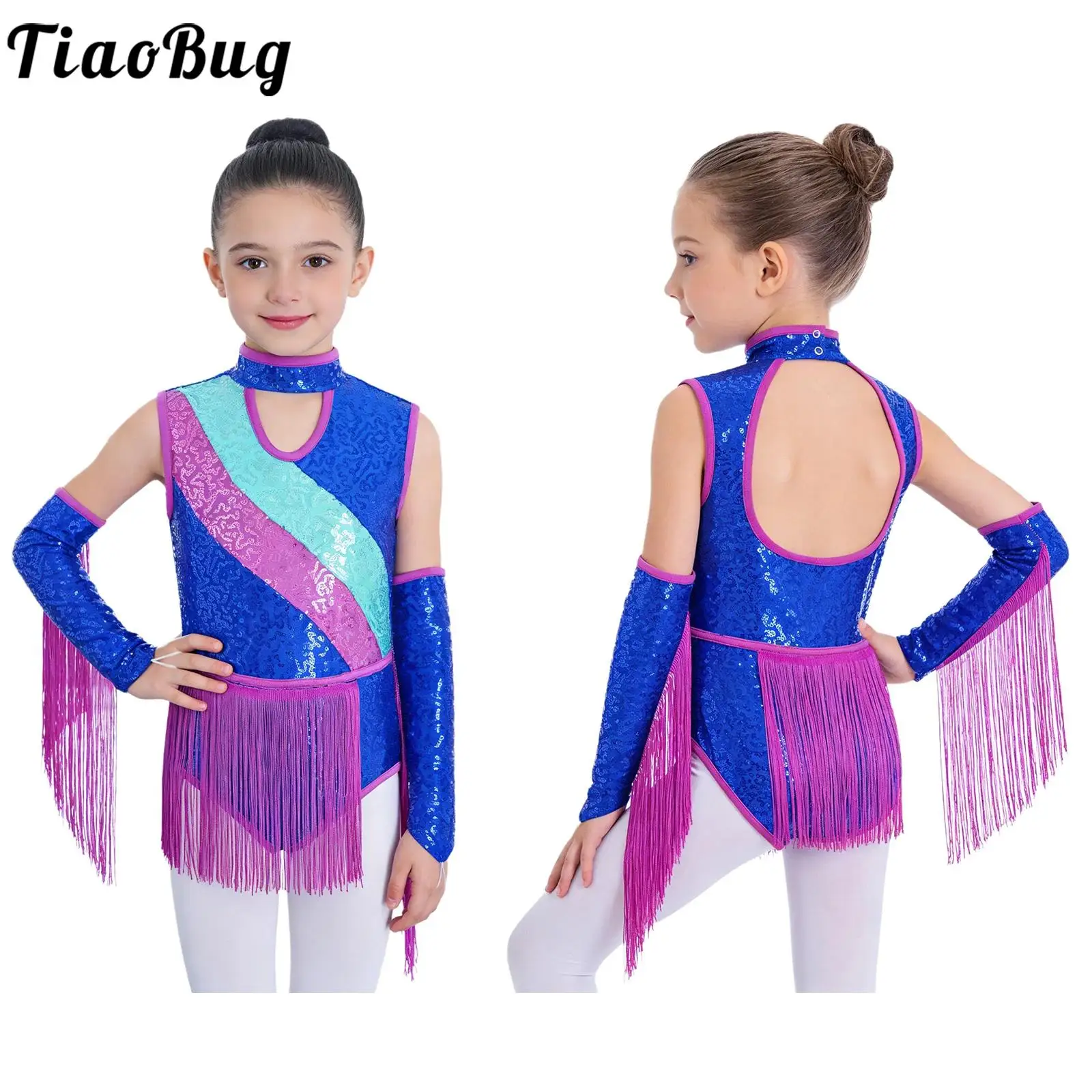 

Детский костюм для латиноамериканских танцев (танго, ча-ча, джаз, румба) для девочек: безрукавный купальник с вырезами, пайетками и бахромой, с перчатками с бахромой