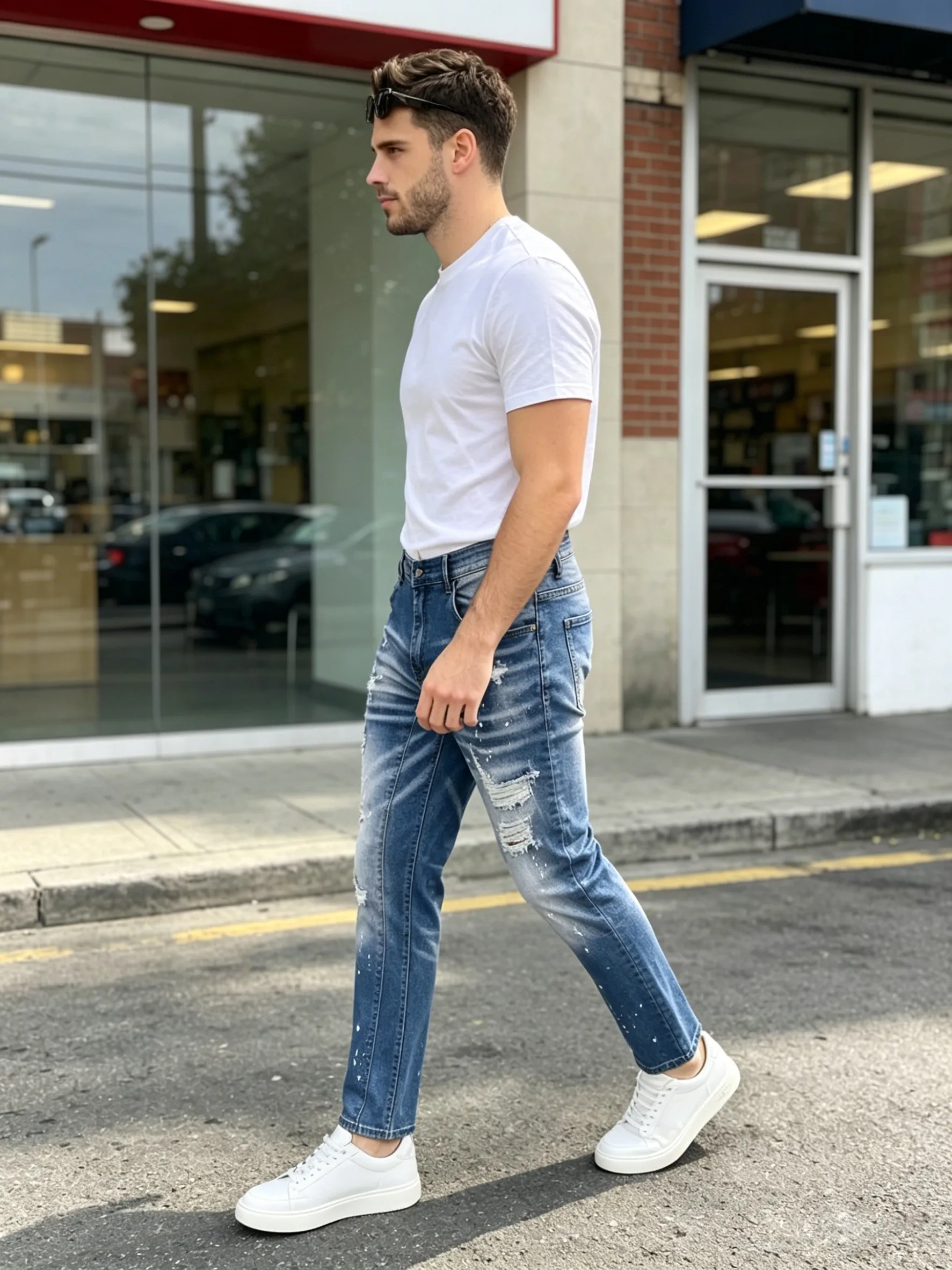 【HME】Men's Jeans | Slim‑Straight Fit Street-Style Denim Pants, Blue Gradient Washed Denim Trousers, Multi-Position Rip & Paint-Splatter Decor Casual Pants, Durable Denim Bottoms Suitable For Daily Outing & City Casual Occasions