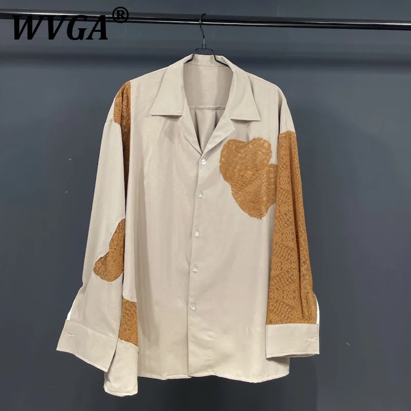 

WVGA Весна Осень Новый Мужской Прилив High Street Кружева Лоскутный Дизайн Модные Рубашки С Длинным Рукавом Нишевые Шикарные Повседневные Топы Ins Y2K W9568
