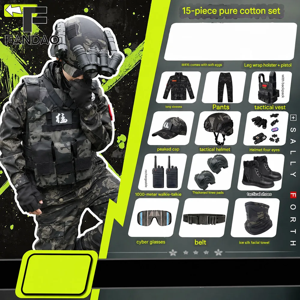 Tactical Camouflage Uniform for Children Special Forces Boys' Pure Cotton Training Suit Set for CS Paintball Shooting Cosplay