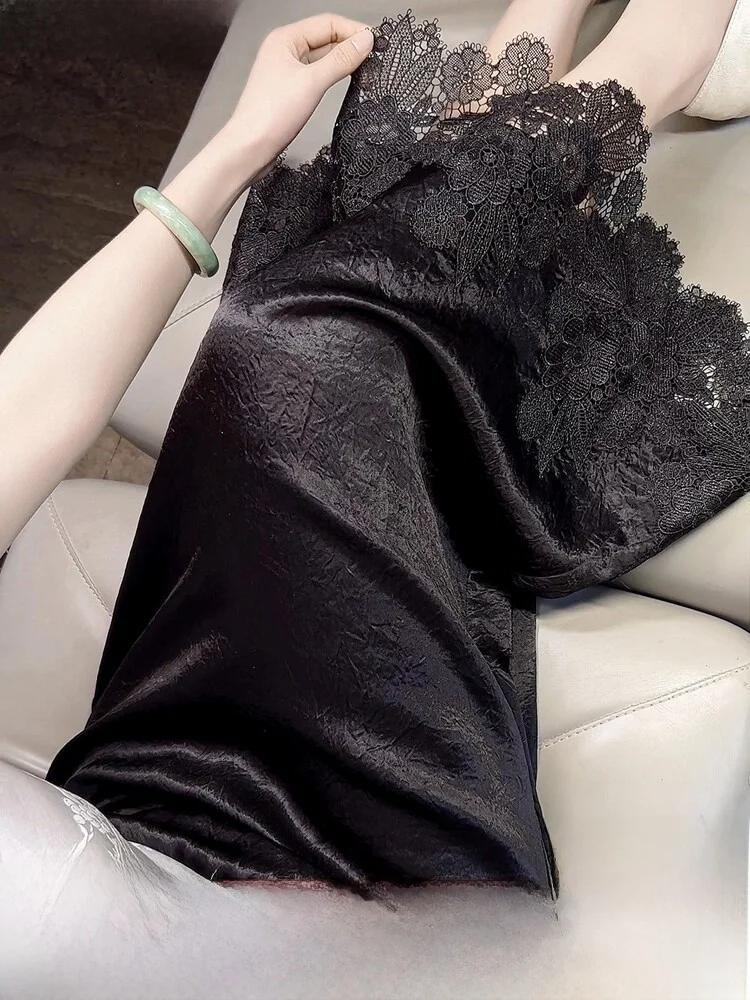

New Chinese Style High Waist Lace Half Skirt Women's Summer Small Size 2026 Acetate Satin Wrap around Skirt Premium Feel