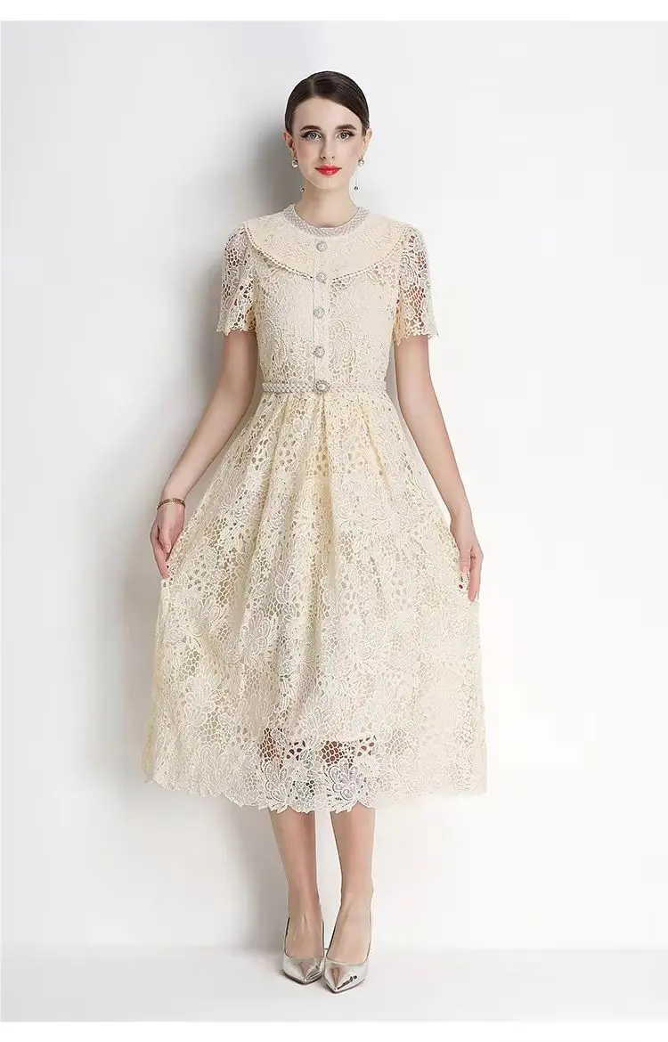 

Elegant Pearl Diamond Embroidery Lace Prom Evening Dress Women Summer Short Sleeve Hollow out Midi Long Gown