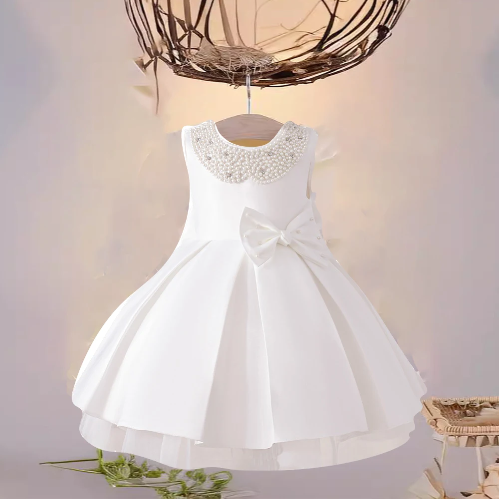 Girls Beading Princess Gown Birthday Party Dress Elegant Girl White Wedding Pleated Dresses With Bow Kids Formal Evening Costume