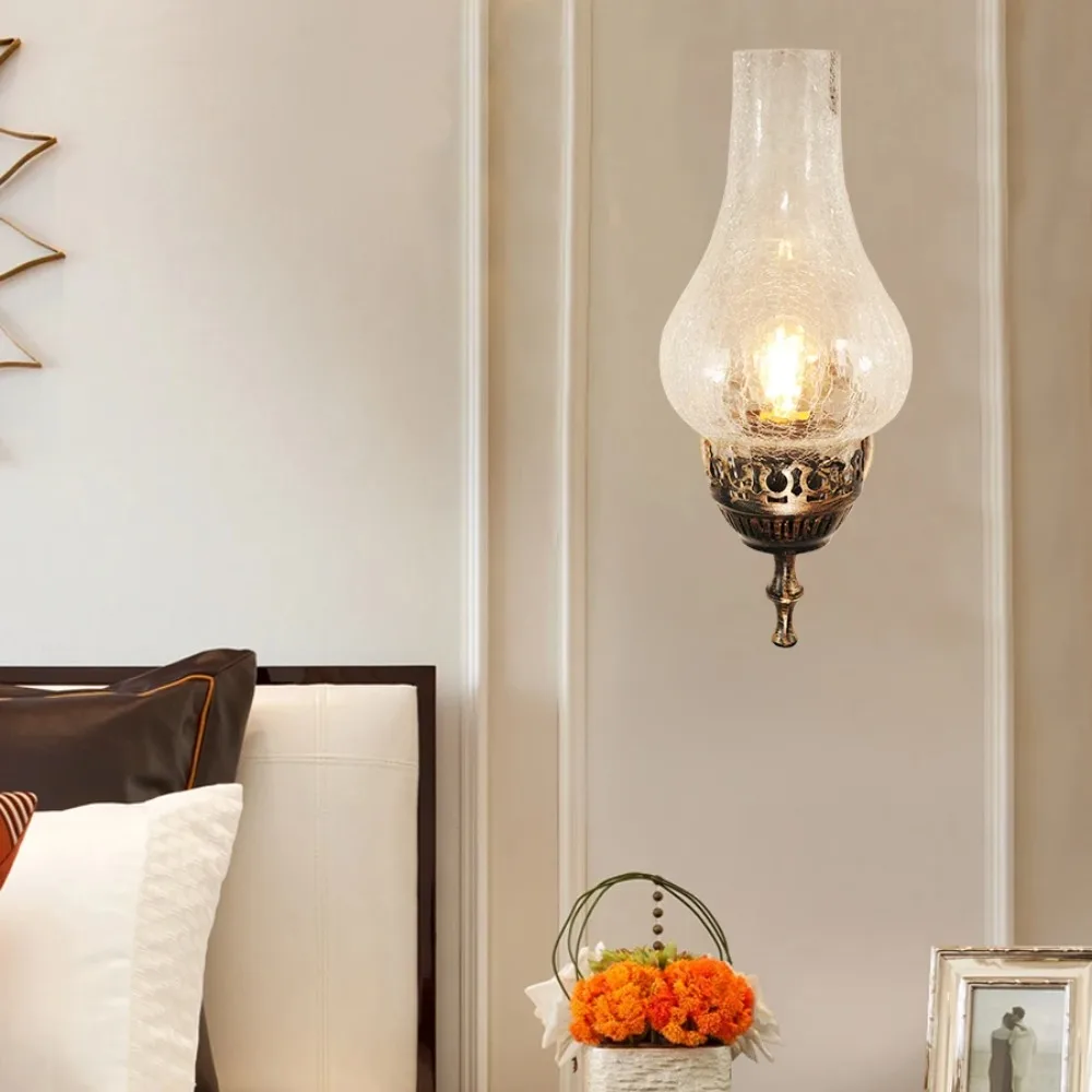 Artpad Vintage Metal Wall Glass Light Chinese Style E27 Oil Lamp with Crack Lampshade Decoration