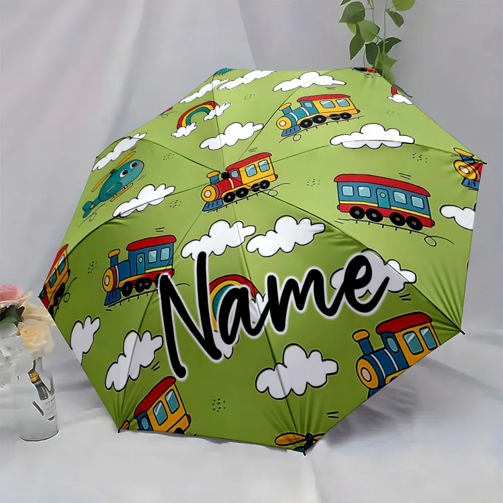 Custom Name Umbrella Colorful Train and Rainbow Umbrella Design Print 8 Iron Ribs Folding Umbrella Auto-Open Fashion Sunshade