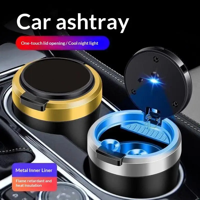 Car Ashtray Flame Retardant Alloy Liner One Touch Lid Built In LED Light For Daily Car Driving Use