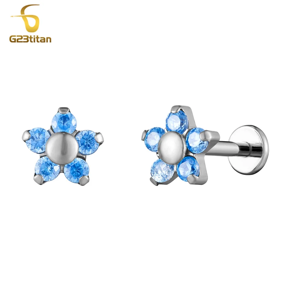 1pc Light Blue Zircon Flower Earring Women Hypoallergenic Titanium Ear Cartilage Tragus Helix Lobe Piercing Bar 16G Body Jewelry