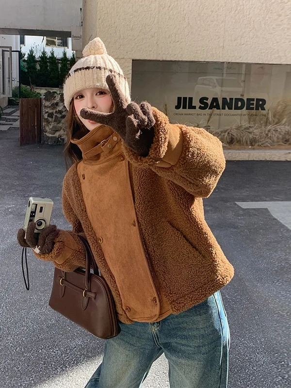 Thiened ort Lamb Fur Jaet Women's Stand Collar Leather And Fur Inteated Autumn And Winter New Sle Small Size Warm Top