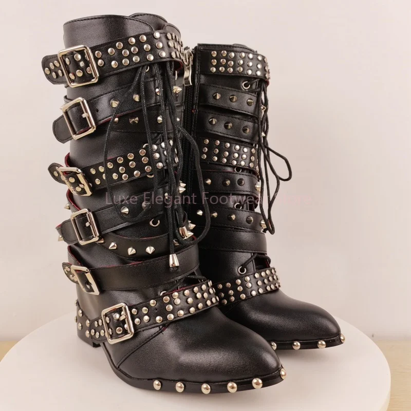 

Rivet Belt Buckle Helght Increasing Mid Calf Boots Women Lace Up Leather Chunky Heels Ankle Boots Fashion Punk Party Lady Shoes
