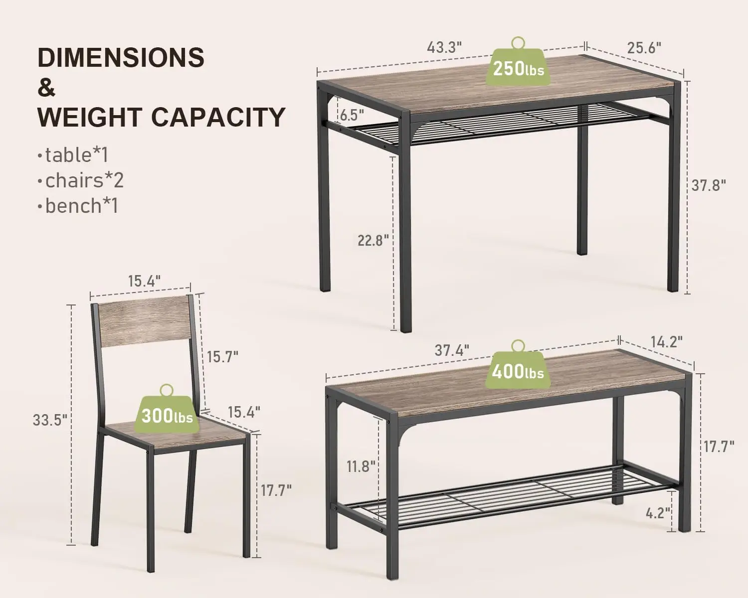 Mesa de cocina y 2 sillas para 4 personas con Banco, juego de mesa de comedor de 4 piezas para espacio pequeño, apartamento