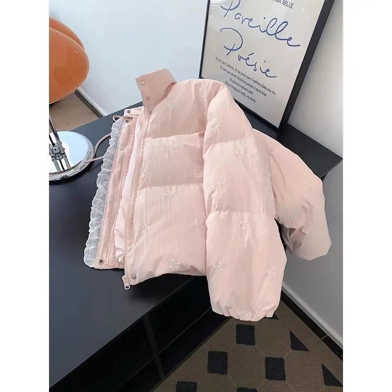 Damenmantel, Winter- und Herbstjacke, Oberbekleidung, warm, mit Fleece gefüttert, rosa, schlicht, für Pendler, kurze Schleife, Stickerei, Puffermantel