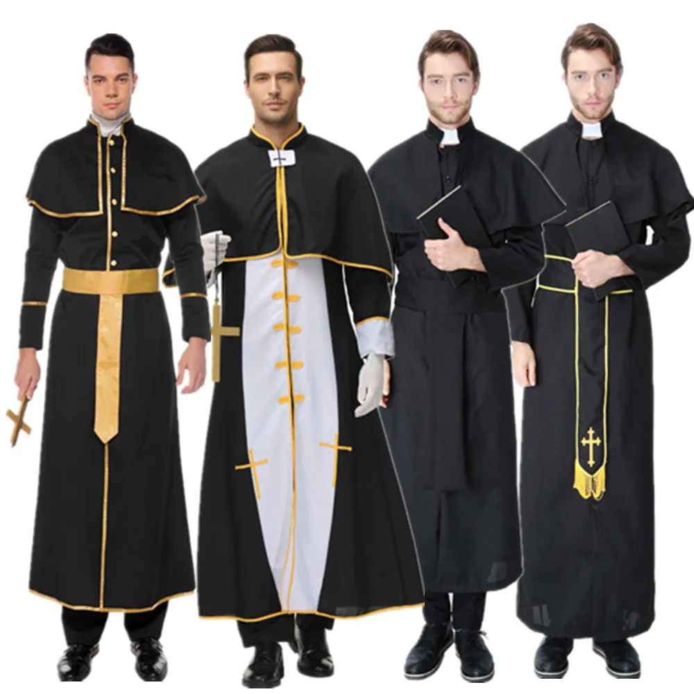 Halloween Carnival Costume For Man God Father Missionary Priest Cosplay Costumes with Belt Neckwear Cross