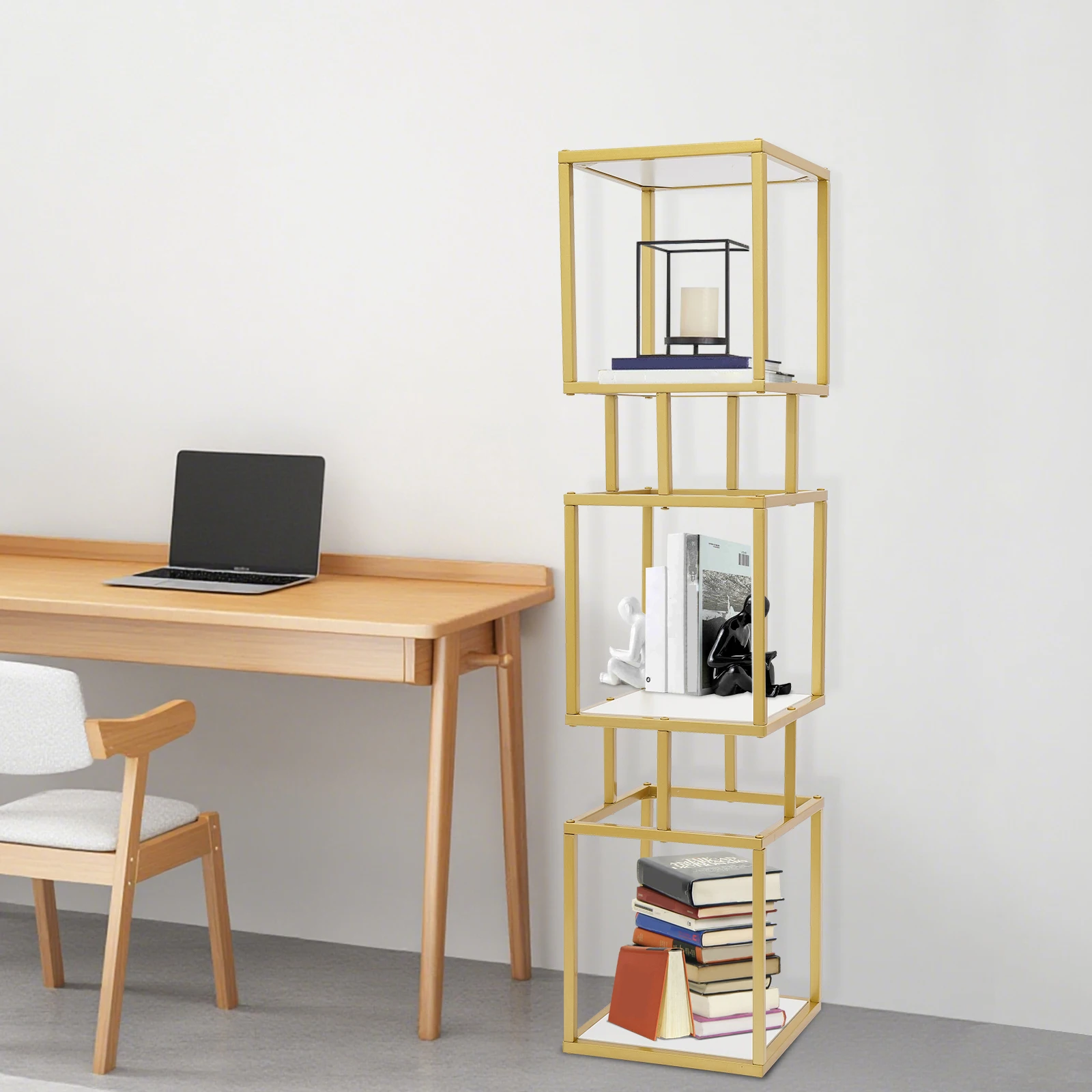 

Square Shelf Unit, 4-Tier Bookshelf Bookcase, 30x30x127cm Geometric Display Shelves for Home Decor, Slim Storage Organizer