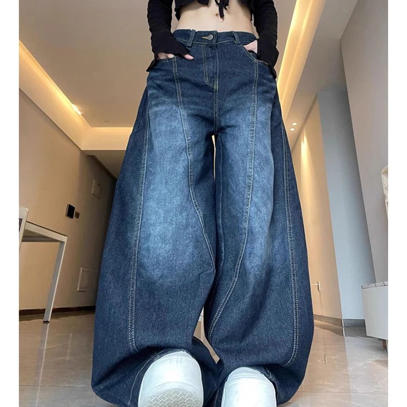 Amerikaanse Vintage Cargo Jeans Vrouwen Hoge Taille Straat Losse Wijde Pijpen Denim Broek Lui Casual Jazz Hiphop Y2K Donkerblauwe Broek
