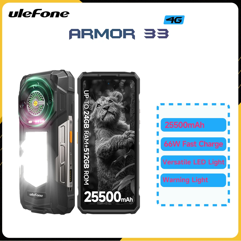 Прочный смартфон Ulefone Armor 33, 6,95 дюйма, 120 Гц, 12 ГБ + 512 ГБ, 25500 мАч, аккумулятор, 66 Вт, 64 МП, ночное видение, Android 15, NFC светодиодный светильник
