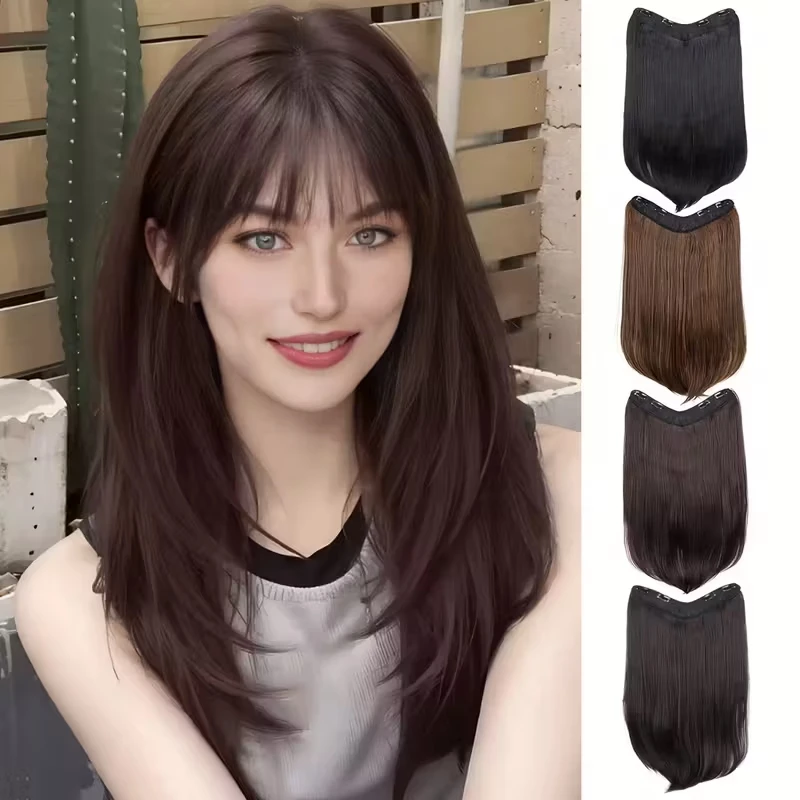 

18Inch Synthetic Long Straight Inner Buckle Hair Extension 4 Clips V-shape Natural Brown Black Hairpiece for Women