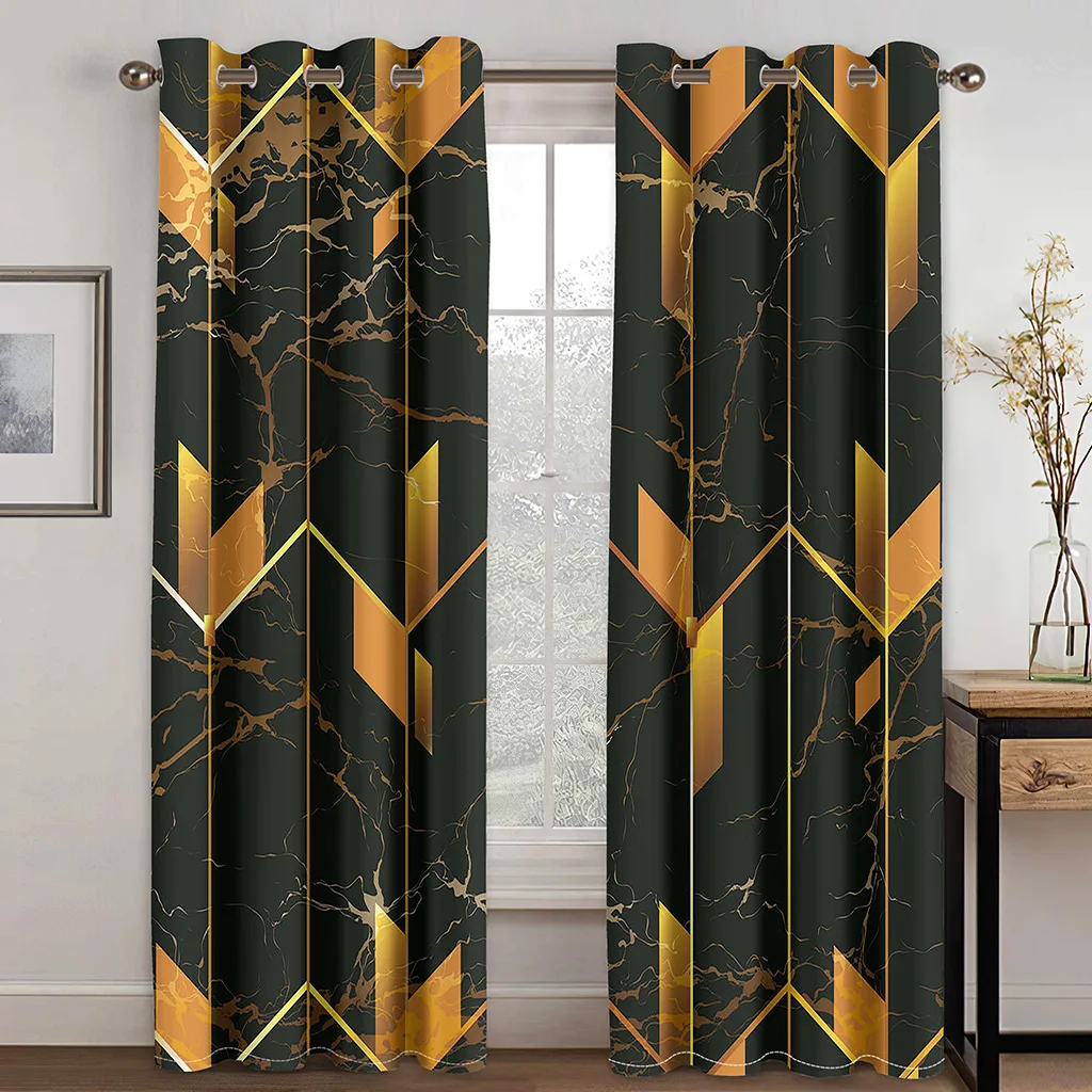 2 Pcs Geometric Gold Black Curtains Modern Luxury Style Print Living Room Bedroom Study Sun Shade Curtains Fashionable