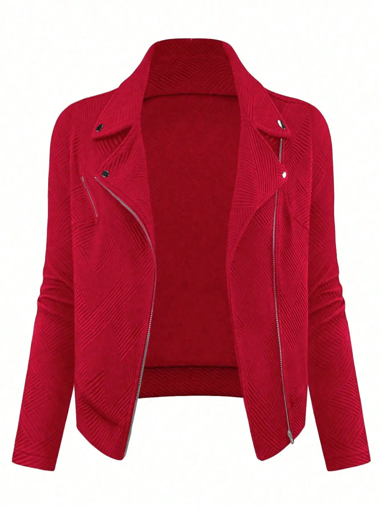 

Women's Red Textured Biker Jacket with Asymmetrical Zip and Collar