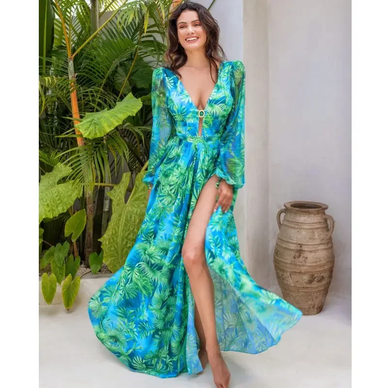 FLAXMAKER Long-sleeved Jungle Green Print One Piece  Swimsuit and Skirt Clearance Wholesale