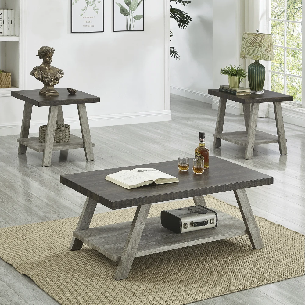 Athens Contemporary 3-Piece Wood Shelf Coffee Table Set in Weathered Walnut and Gray/Gray and Beige/Charcoal and Beige