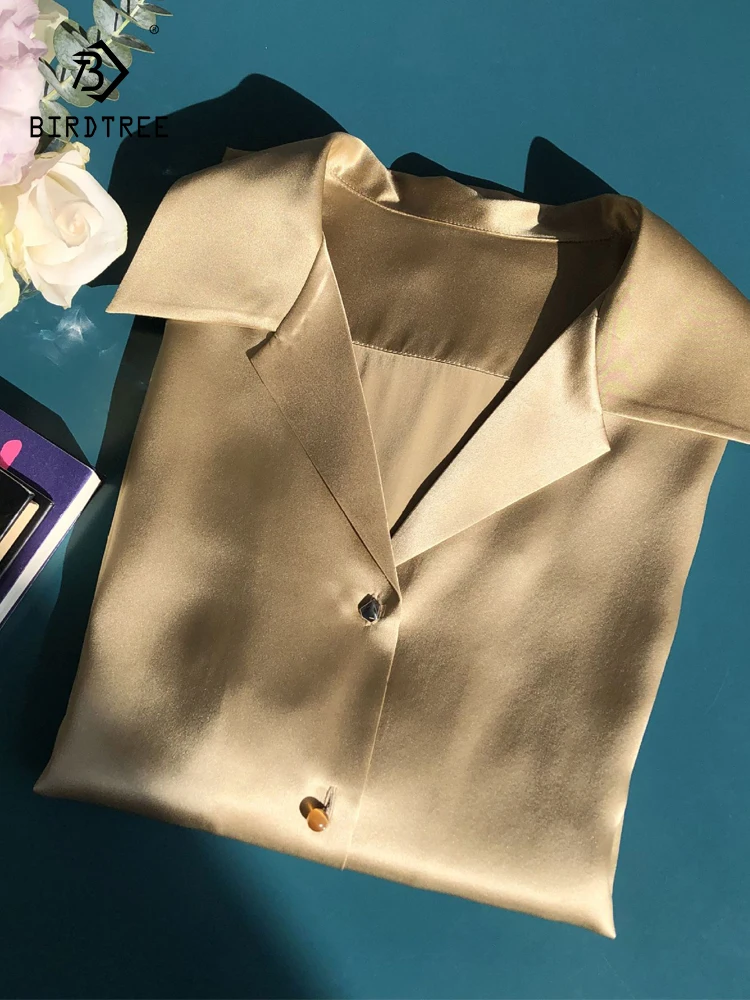 

BirdTree-19 мм, элегантная рубашка из 100% шелка, однотонная однотонная рубашка с отложным воротником, женская темпераментная блузка во французском стиле ретро, новинка осени 2025 года T59029CC