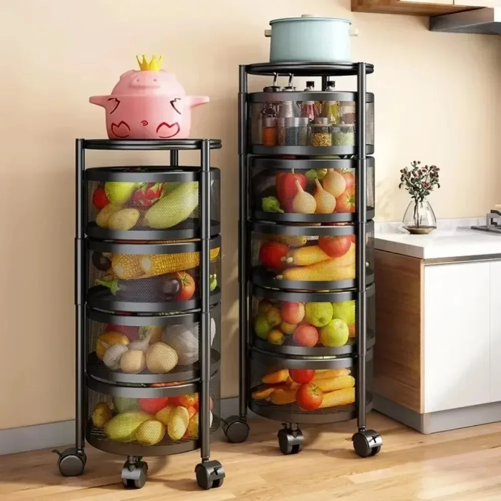 Rotating Vegetable Baskets Multi-Layer Round Kitchen Trolley Fruits Shelf Snacks Storage Rack Movable Bathroom Organizer Cart