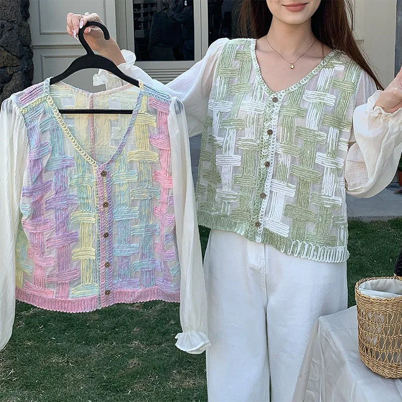 Boring Honey Holiday Top Women Style Long Sleeve Knitted Stitching Shirt Women's Spring Summer New Slim Blouse Fashion Shirt