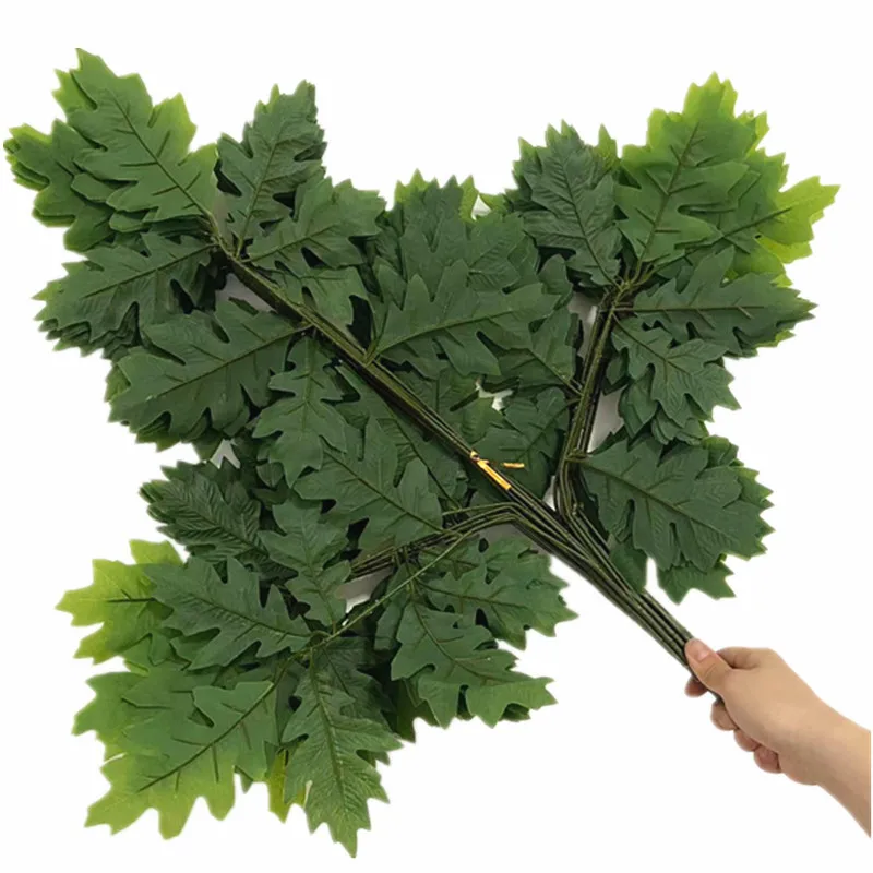 12pcs Artificial Glue Coated Oak Tree Leaf Branch for Greenery Wall Faux Three Forks Eiche Tree Stems