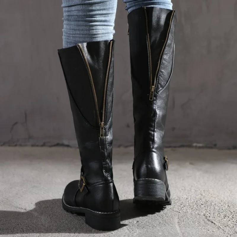 2022 New PU Leather Knee Boots for Women Shoes Buckle Metal Decoration Fashion Outdoor Ladies Footwear Solid Low Heel Long Botas