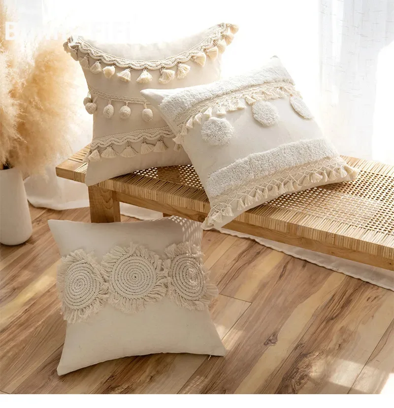 Moroccan Beige Tufted Fringed Cushion Cover Cotton Linen Wabi-sabi Tassel Crochet Pillow Covers Decorative Home Decoration