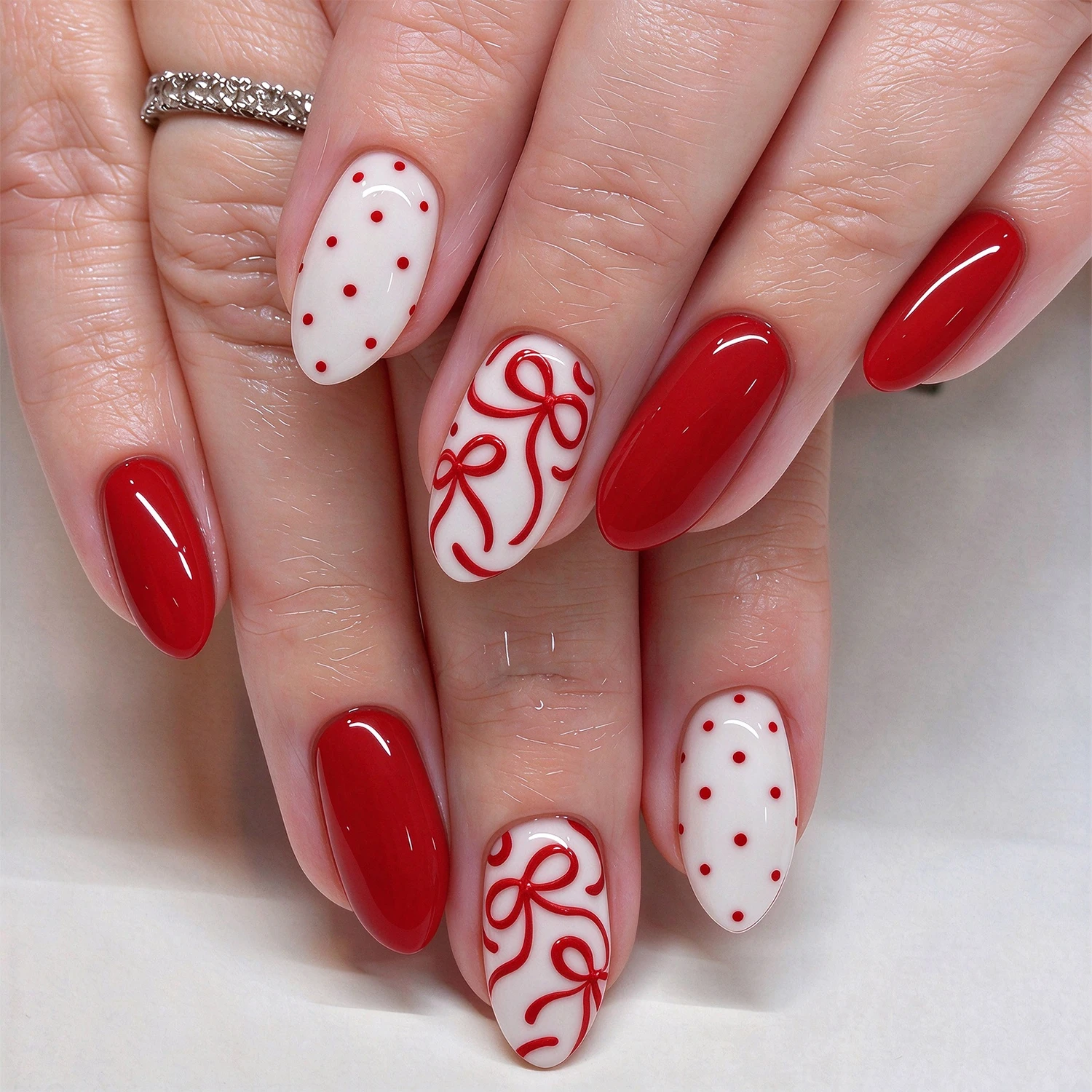 24Pcs Full Cover Press On Nails Coquette Style Long Almond Fake Nails With Hand Drawn Red Bowknot & Dots Glossy False Nail Tips*