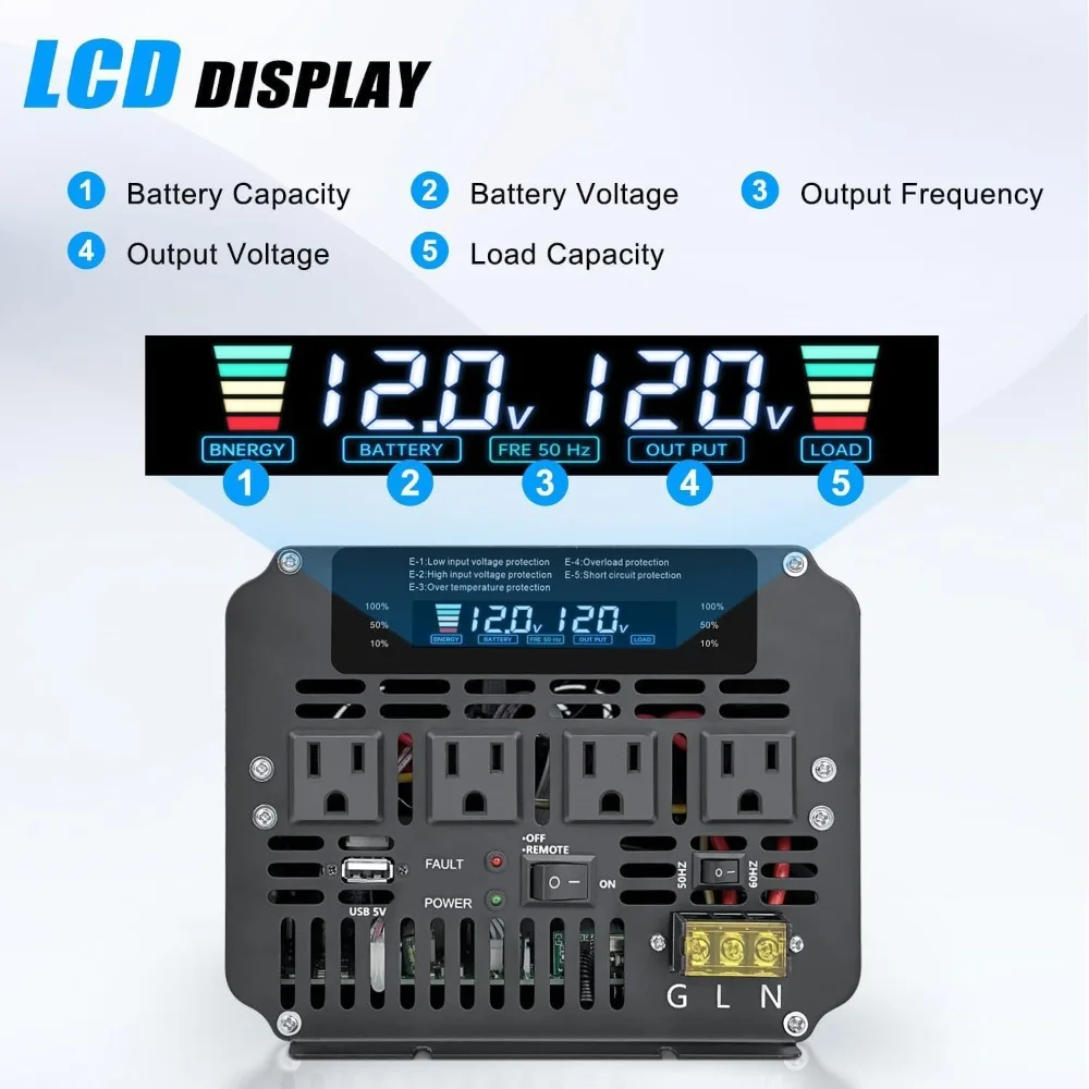 5000W Power Inverter 12V to 110V DC to AC with LCD Display, Remote Controller and 4 x AC Outlets Car Adapter for Car Truck