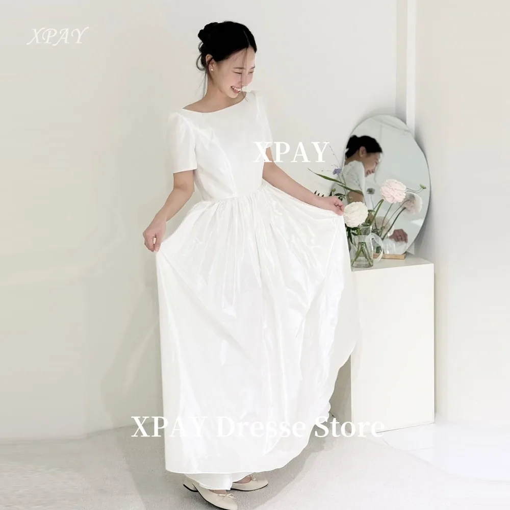 

XPAY Simple A Line Taffeta Wedding Party Dresses Korea Photo shoot Short Sleeves Scoop Neck Ankle Bridal Gowns Customized