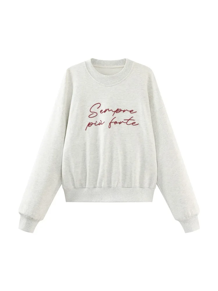 Vintage Casual Loose Embroidered Letter Sweatshirt Autumn Pullover Crew Neck Top Oversized Streetwear Outfit Women Retro Fashion