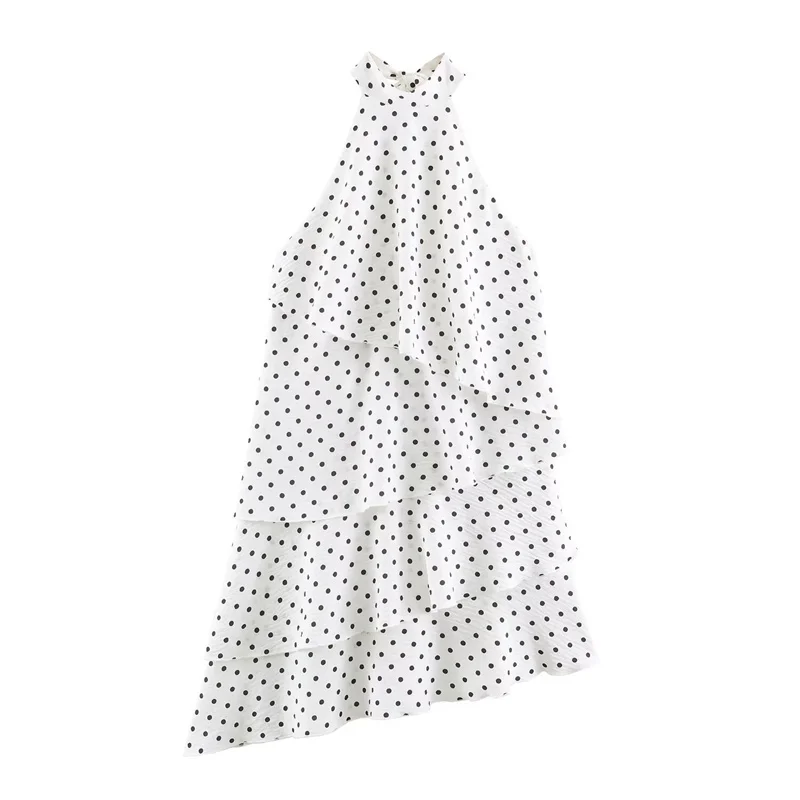 Robe pour femme, nouvelle collection été 2026, style blanc à pois, sans manches, col halter, mini-robe superposée décorative, élégante et romantique