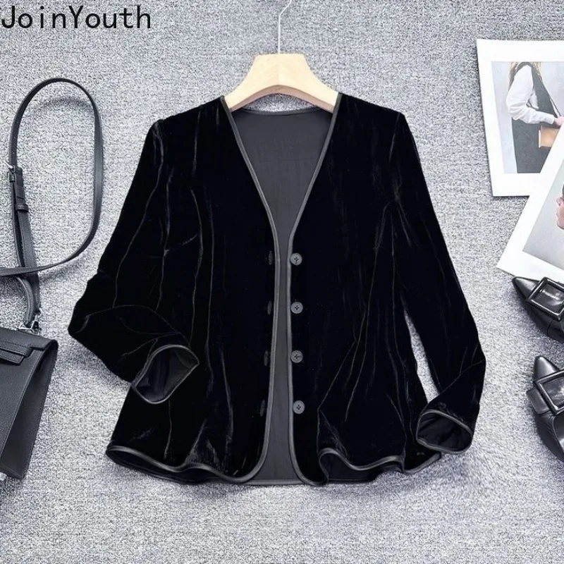 Velvet Black Jackets 2024 Women\'s Clothing Chinese Style Vintage Outwear Ropa Mujer Oversized Tops V-neck Chic Temperament Coats