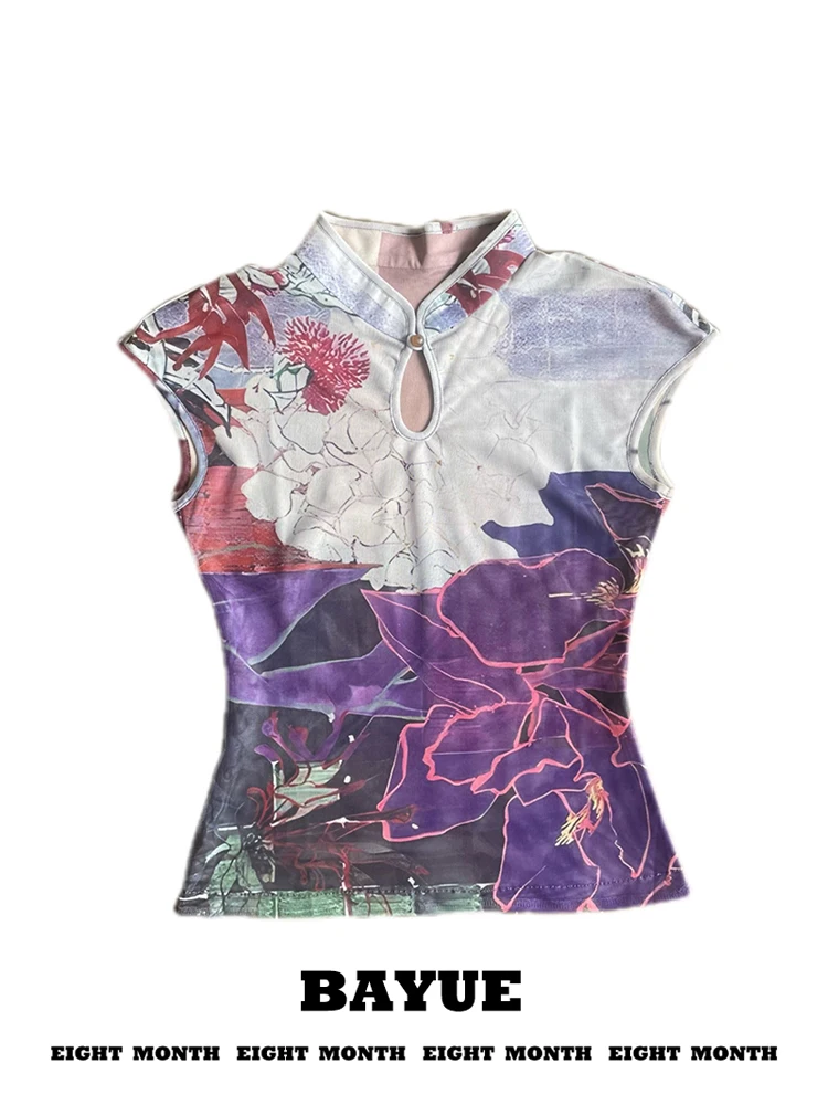 

New Chinese Style Floral Print Mesh Sleeveless Shirt Women's Summer Wearable Twice Slim Fit Modified Top Commute Style