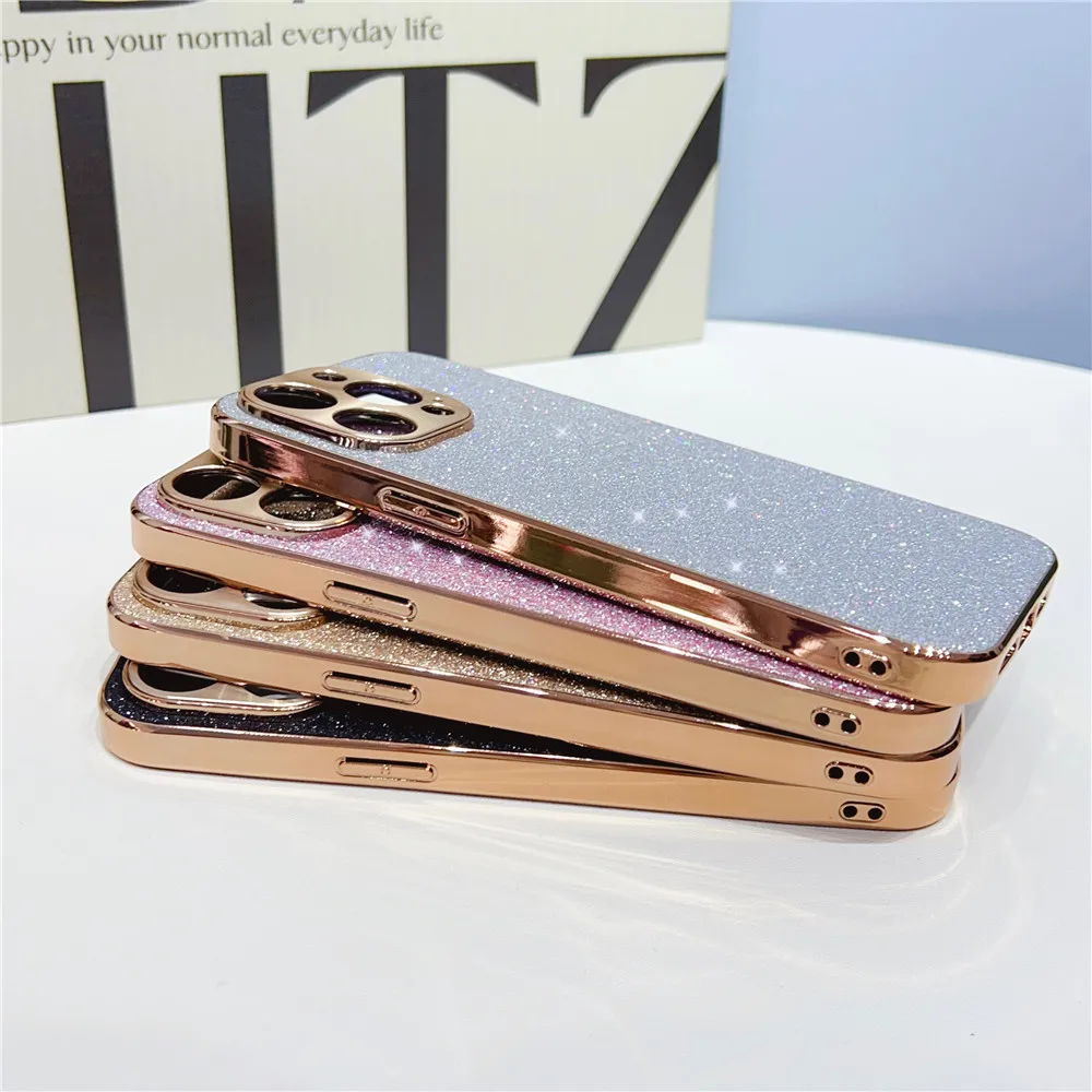 Bling Glitter Phone Case For iPhone 15 11 12 13 14 Pro Max Luxury Gold Plating Camera Lens Protection Shockproof Hard Back Cover