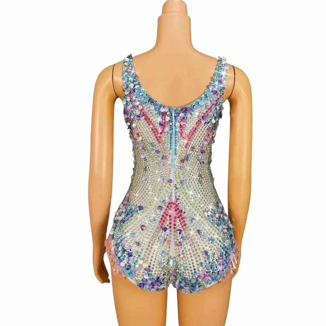 Blue Rhinestones Sequins Designed Leotard Evening Birthday Celebrate Bodysuit Costume Performance Dance Sexy Crystals Outfit