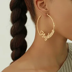 Boucles d'Oreilles Personnalisées avec Nom pour Femme, en Acier Inoxydable, Perforation de Type C, Grands Cerceaux de 70mm, une Paire, Cadeau de Bijoux