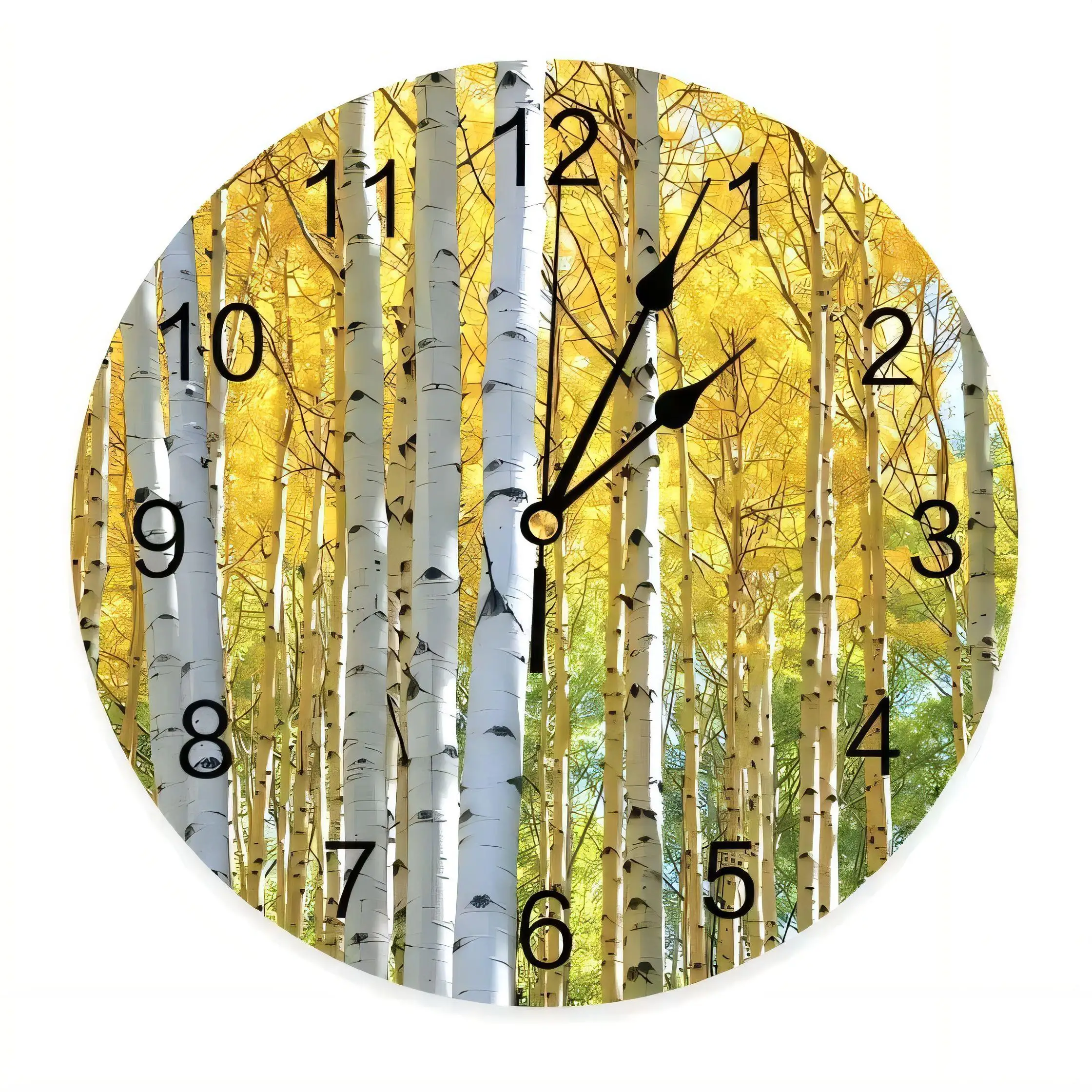 12 Inch Round Birch Forest Autumn Wall Clock Silent Non Ticking  Home Decor Battery Operated