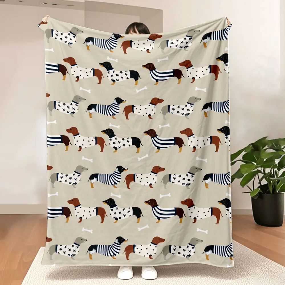 Dachshund Pattern Blanket - Light Beige with Playful Dogs in Shirts (Stars, Stripes, Spots), Gray/Brown/Black Fur & White Bon