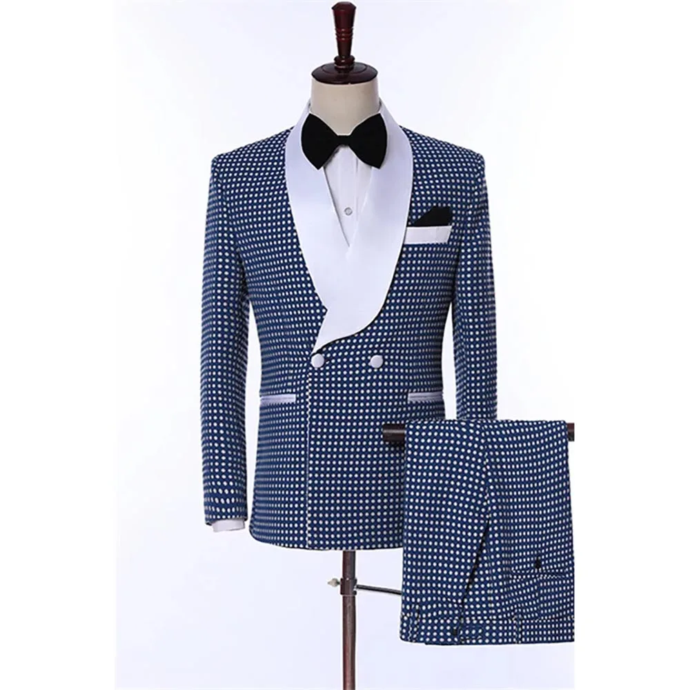 

Tailor Men Suits Dots White Shawl LapeL Double Breasted Skinny 2 Piece Jacket Pants Sets Formal Prom Party Elegant Male Clothing