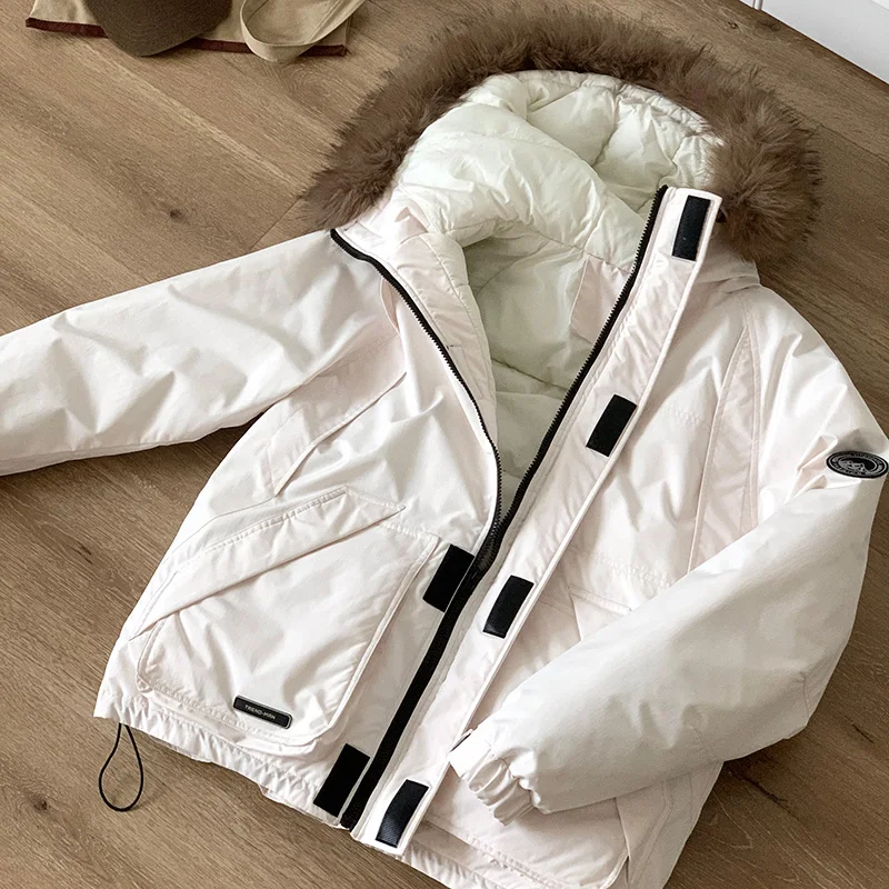 Fashion Winter New Clothing Female White Duck Down Large Fur Collar Hooded Down Jacket Loose Casual Thickened Warm Short Parkas