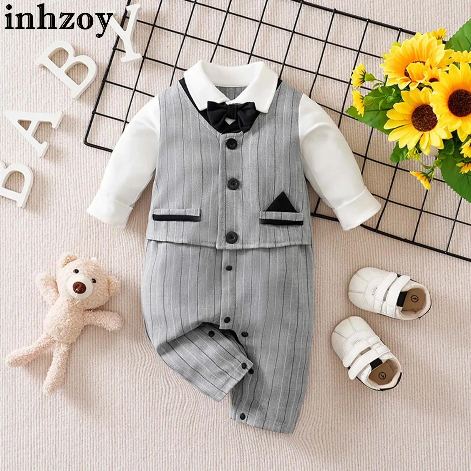 

Комбинезон для маленьких мальчиков на крестины, свадьбу, день рождения, джентльмен, комбинезон с длинными рукавами и лацканами, полосатый галстук-бабочка, официальный комбинезон, повседневная одежда
