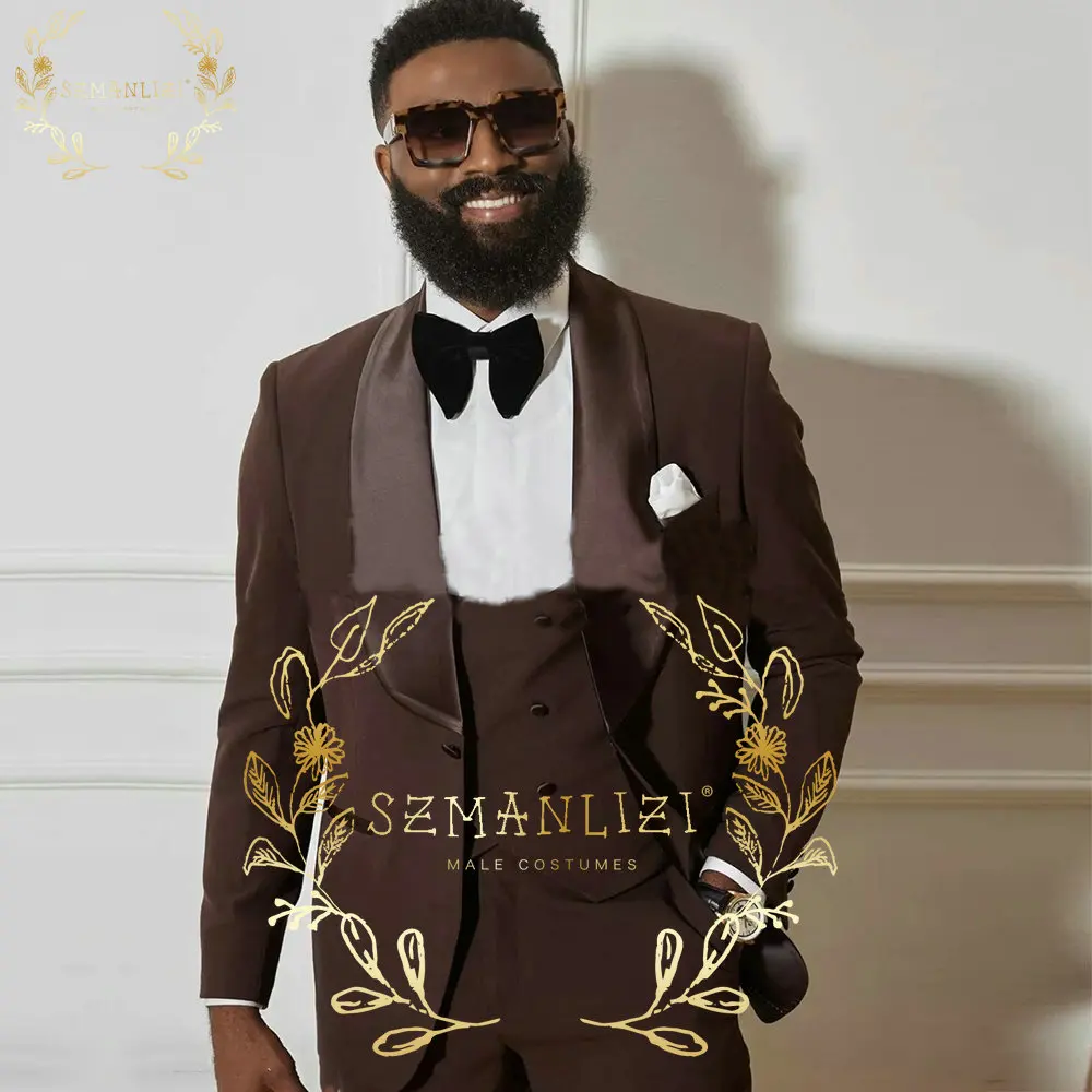 

SZMANLIZI Classic Brown Men Suit For Wedding 2022 Custom Made Slim Fit Business Male Party Dress Groom Prom Tuxedos 3 Piece Set
