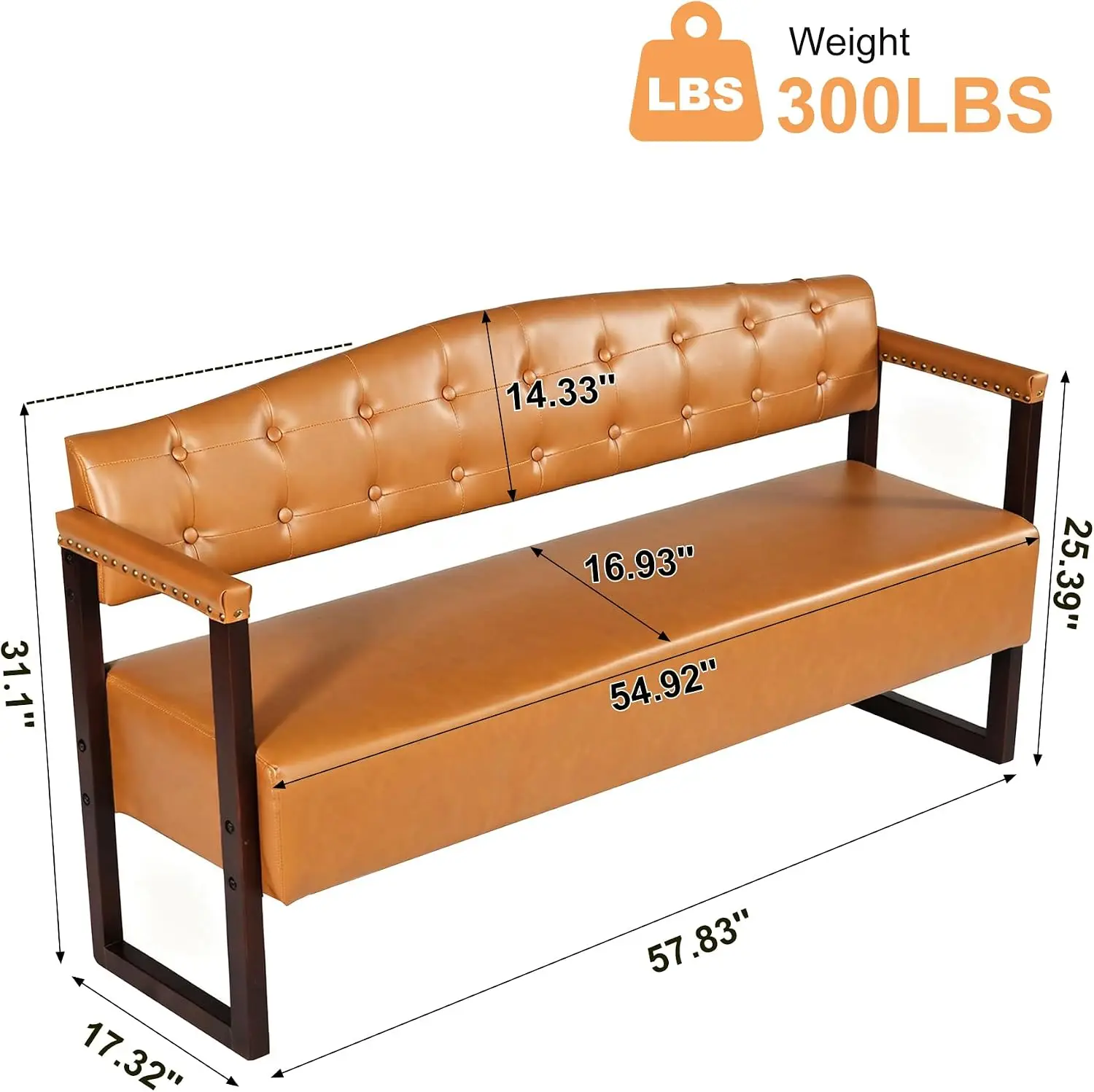 Salon Waiting Area Bench, 57-Inch, PU Leather Upholstery, Tufted Backrest and Armrests