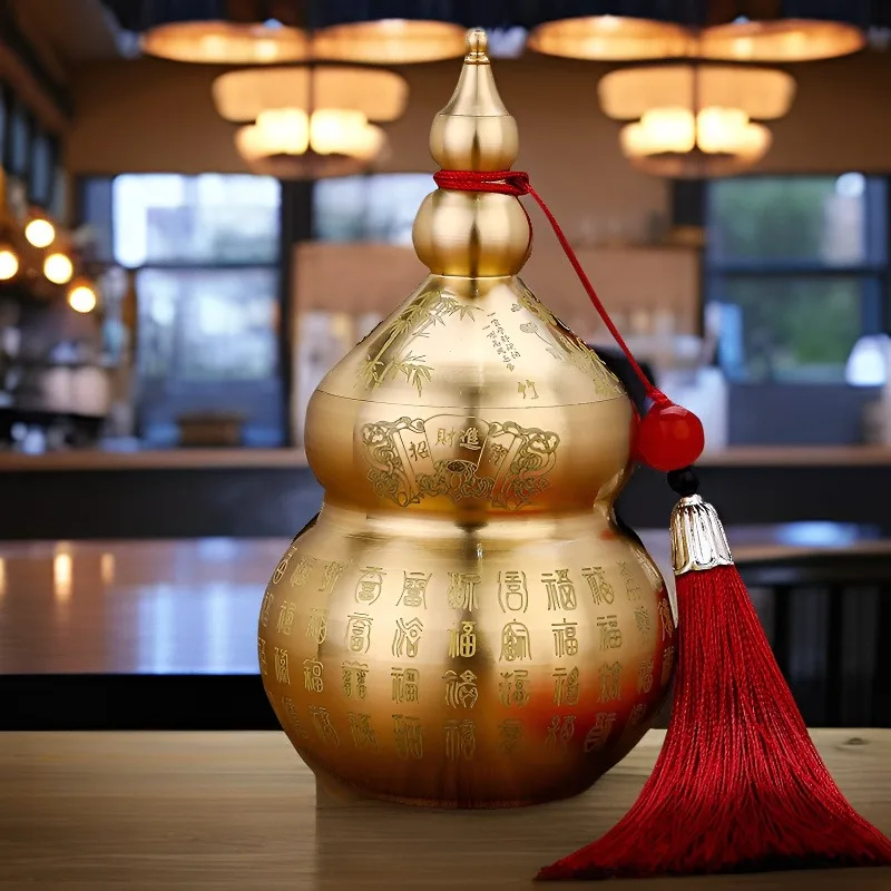 Brass Gourd Feng Shui Ornament with Tassel- Symbol of Good Luck and Wealth Tabletop Storage Brass
