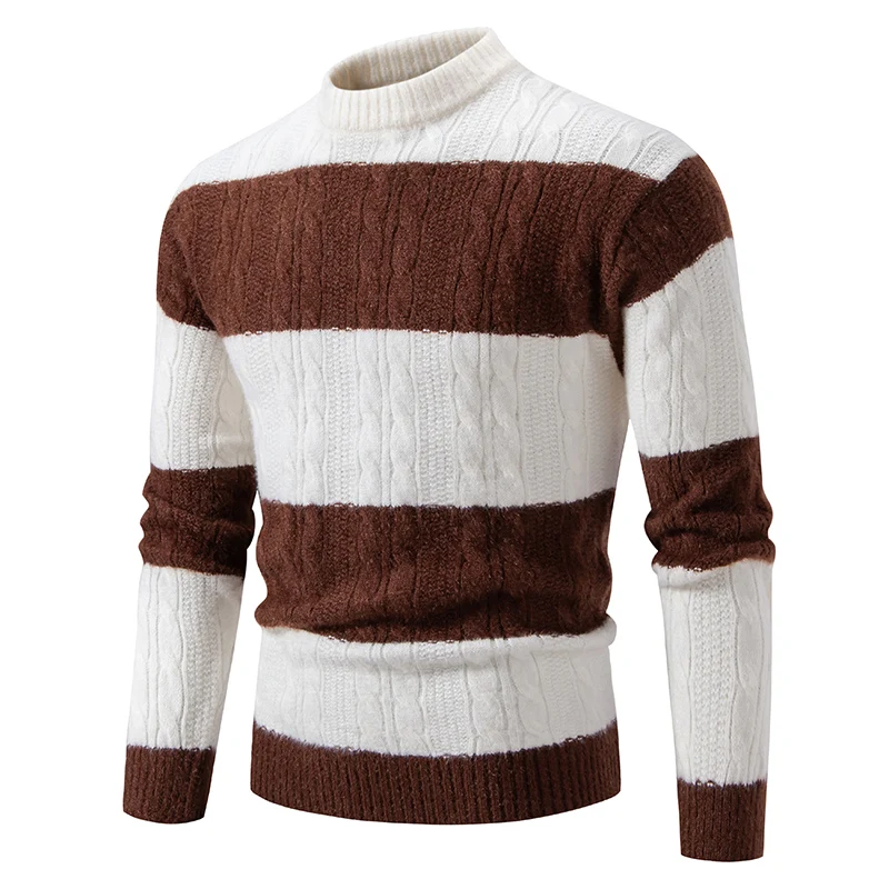 New Patchwork Mock Neck Knitting Sweater Men Fashion Striped Casual Knitted Pullovers Mens Autumn Winter Comfortable Knitwear