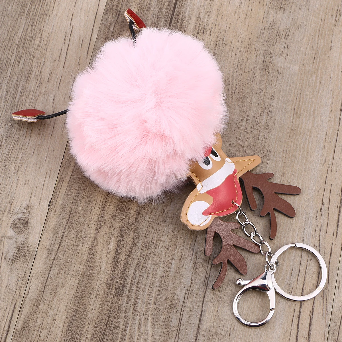 

Cartoon Elk Keychain Light Pink Pom Pom Ball Key Ring Bag Phone Hanging Pendant Premium Metal Car Key Holder Anti-Rust